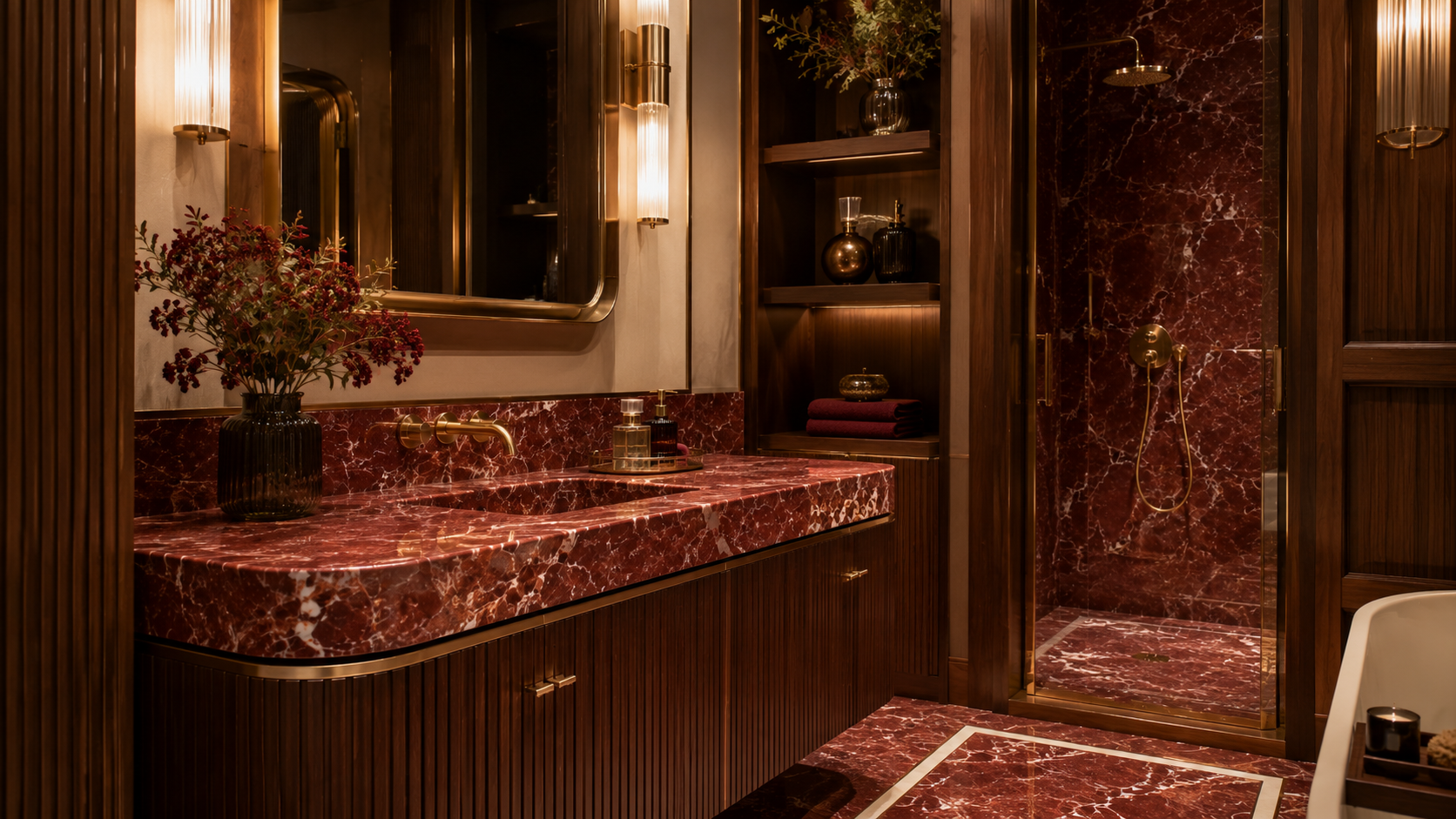 Sophisticated bathroom vanity pairing rich dark walnut wood with a thick red marble counter
